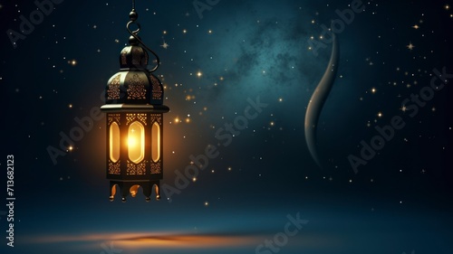 Ramadhan Kareem greetings. Islamic lantern in the night sky with crescent moon and stars. copyspace - generative ai  © Nia™