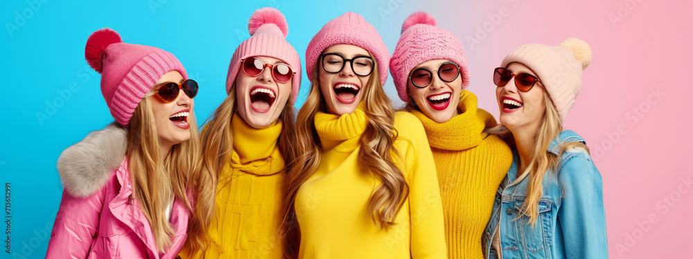 Chic and Cozy, An Ensemble of Fashionable Females in Winter Hats and Sweaters Chic and Cozy, An Ensemble of Fashionable Females in Winter Hats and Sweaters