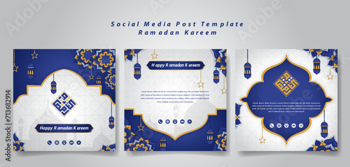Social media post template with hand drawn purple white islamic background, arabic text in kufi style that mean is ramadan kareem for ramadan kareem advertising design