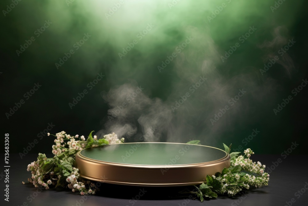 Round podium with smoke on nowruz flower background. High quality photos, no text on images generative ai Round podium with smoke on nowruz flower background. High quality photos, no text on images generative ai