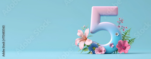 3D render number five with flowers. 5 years anniversary, Happy birthday 5 years old celebration photo