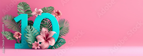 3D render number ten with flowers. 10 years anniversary, Happy birthday 10 years old celebration photo