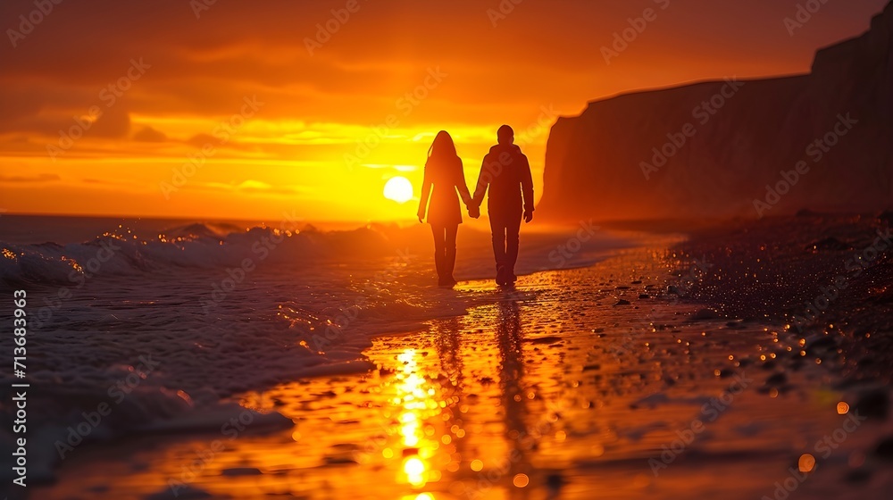 Golden Moments: Couple Walking Hand in Hand Along Beach at Sunset