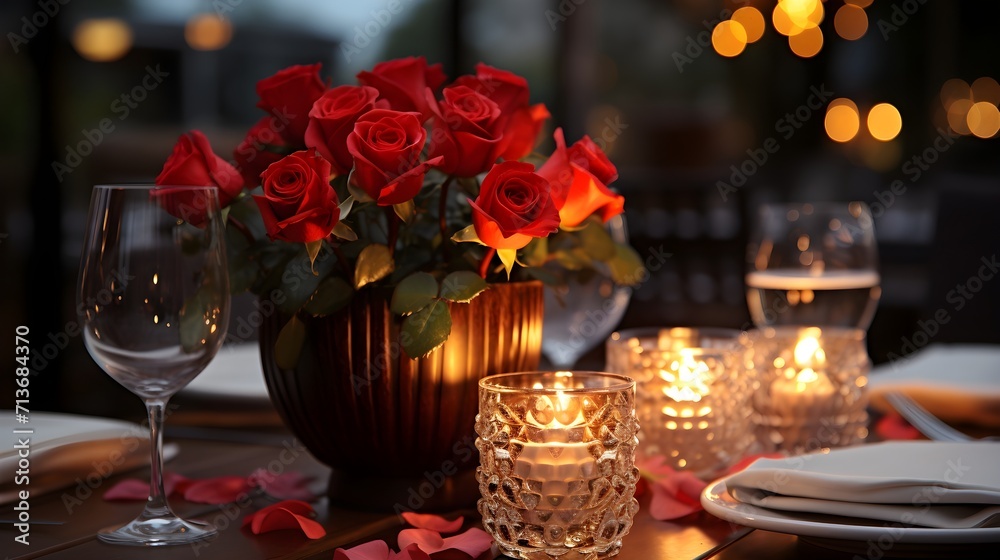 Romantic Ambiance: Valentine's Day Dinner Table with Soft Candlelight and Roses