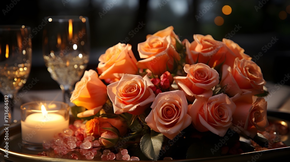 Romantic Ambiance: Valentine's Day Dinner Table with Soft Candlelight and Roses