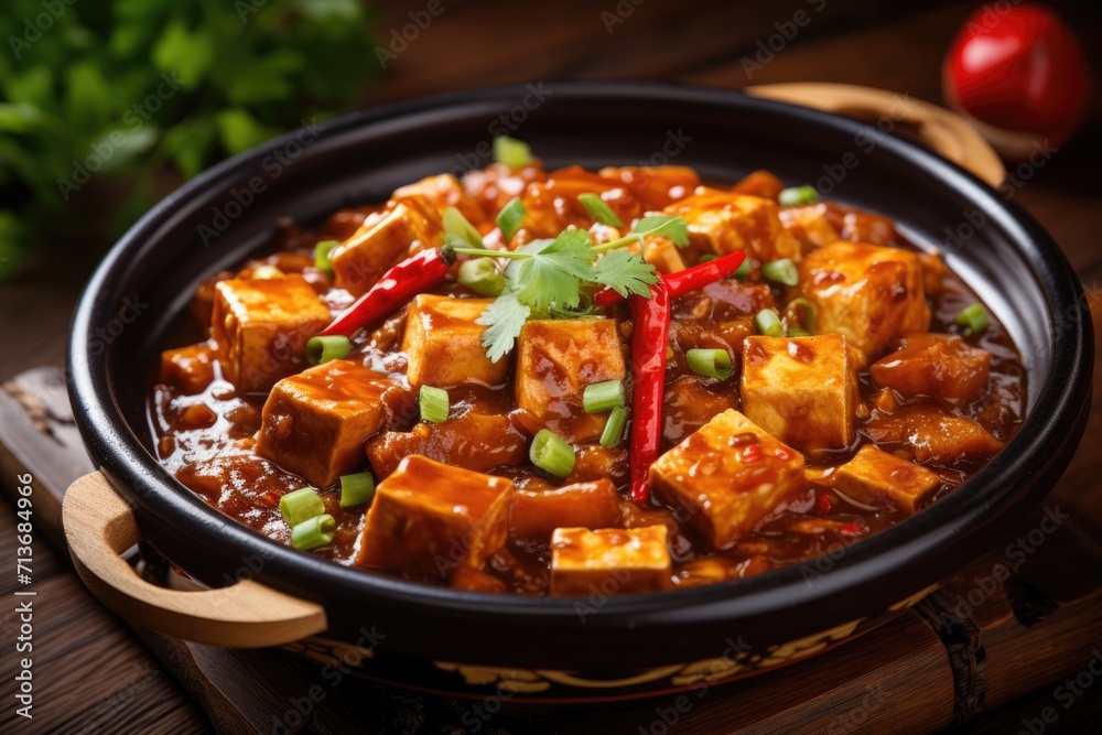 Spicy Ma Po Tofu on a wooden table Spicy Ma Po Tofu on a wooden table