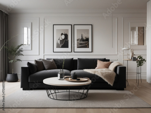 living room with black sofa. interior design of modern living room  Simple minimal and Zen style