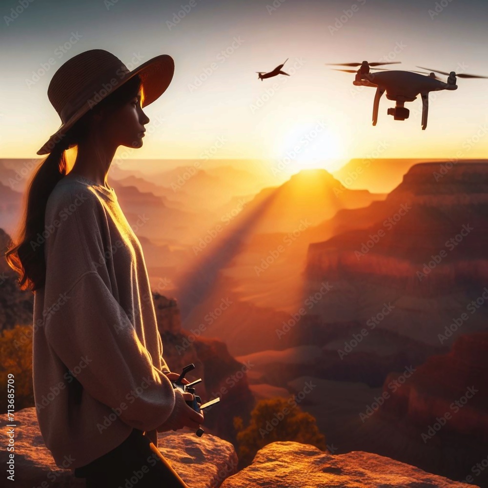 A Woman Travel Vlogger’s Pensive Moment: A Silhouette Overlooking the Grand Canyon with a Drone Camera in the Sky
