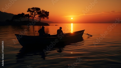 "Sunset Serenity: Silhouette of Fishermen in a Small Boat