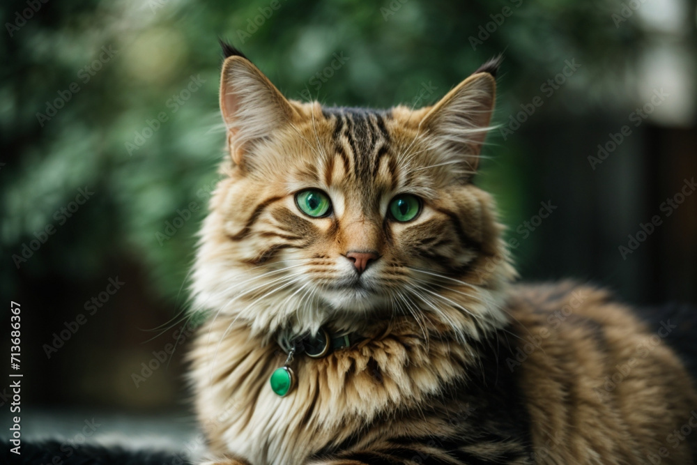 Hyper realistic photo of a cat with a ringed tail green eyes and brown and blonde black furr