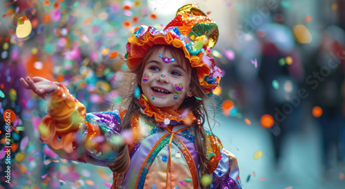 beautiful little girl dressed in colorful costumes parades confetti
