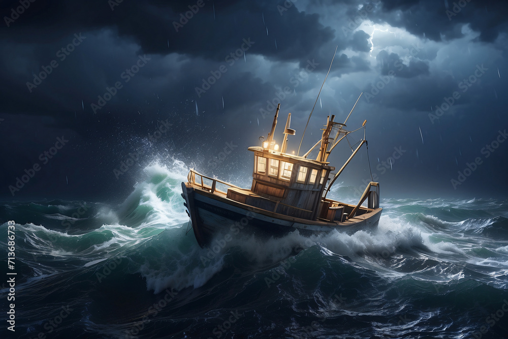 Obraz premium fishing boat with crashing waves at night