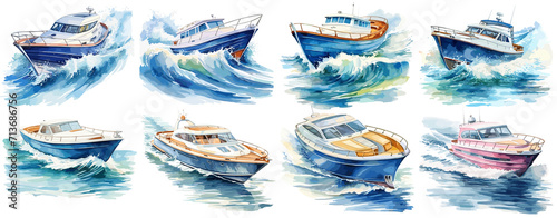 Set of watercolor speedboat Sticker, Clipart, PNG, generated ai photo
