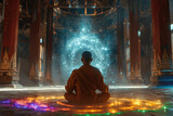 a monk meditating with glowing chakra light around him in a buddist temple