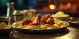 A plate of chicken biriyani food,Authentic Chicken Biryani: Delicious Rice Dish