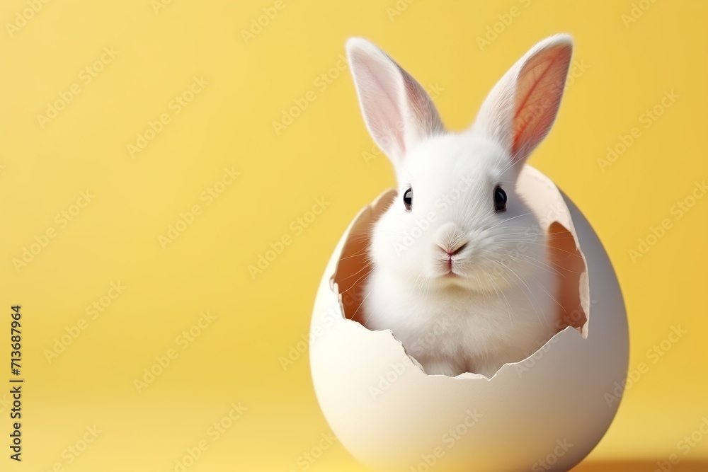 Obraz premium white bunny sitting inside egg shell with yellow theme. Banner Easter Day, free space