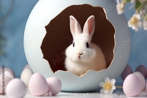 white bunny sitting inside egg shell with pink light blue theme. Banner Easter Day, free space