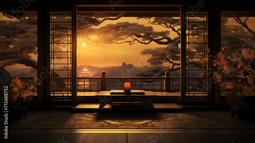 window with oriental architecture in the sunset