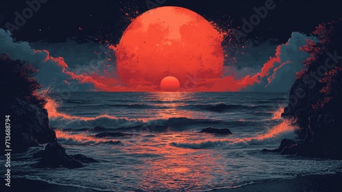 Screen printed Big Wave Sunset Illustration on a Black Background in the Style of a 1970s Music Poster - 70s Graphic Design Wallpaper created with Generative AI Technology photo