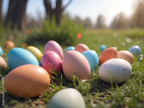 Colorful cute Easter eggs fall from the sky like rain in the garden in spring.