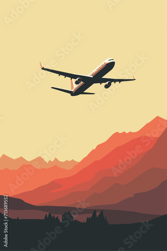 Vector retro style poster with airplane flying over mountain landscape at sunset or sunrise