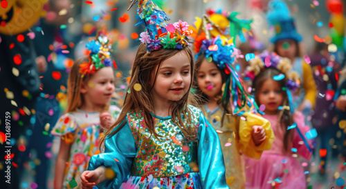 beautiful little girls dressed in colorful costumes parades confetti