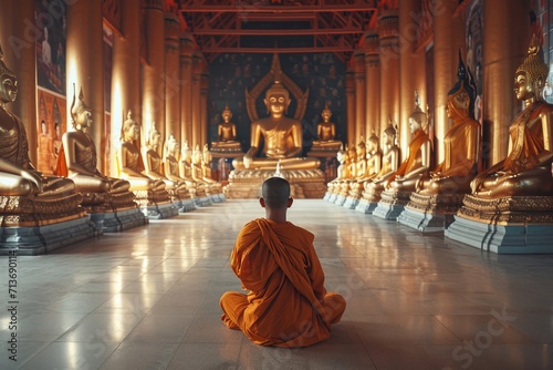 a monk meditating in a buddist temple with many golden buddha statue