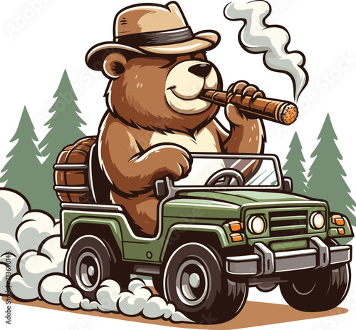 bear with cigar driving car
