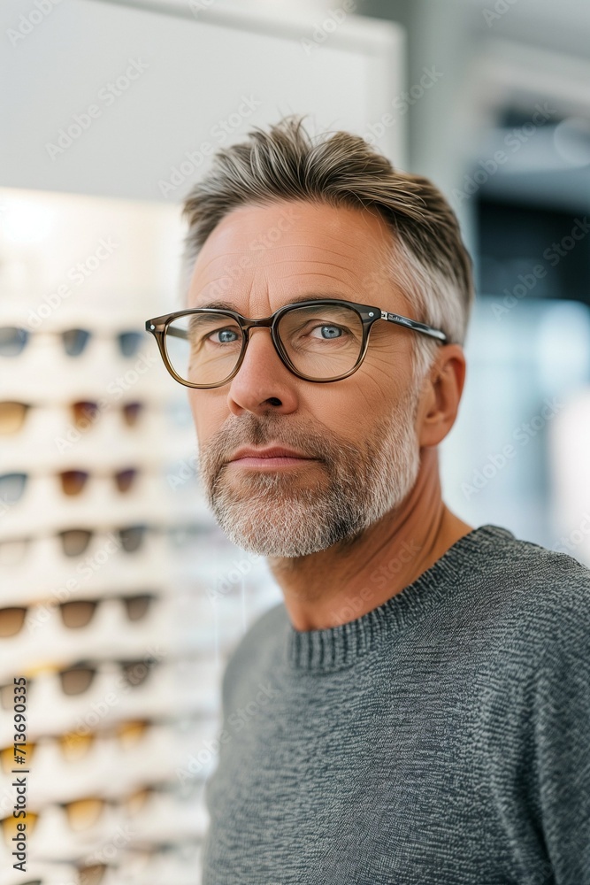 Handsome senior man choosing eyeglasses frame in optical store Handsome senior man choosing eyeglasses frame in optical store