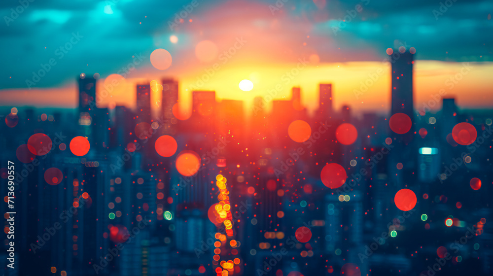 bokeh circles against a blurred backdrop of modern buildings 