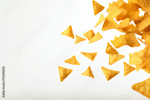 Corn chips of triangular shape levitate on a white background Generative AI