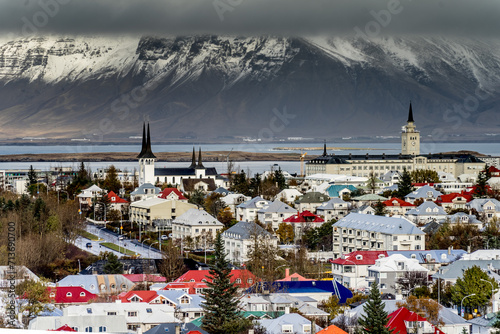 Scenic City - Late fall in Reykjavik shows the surrounding snow capped mountains.