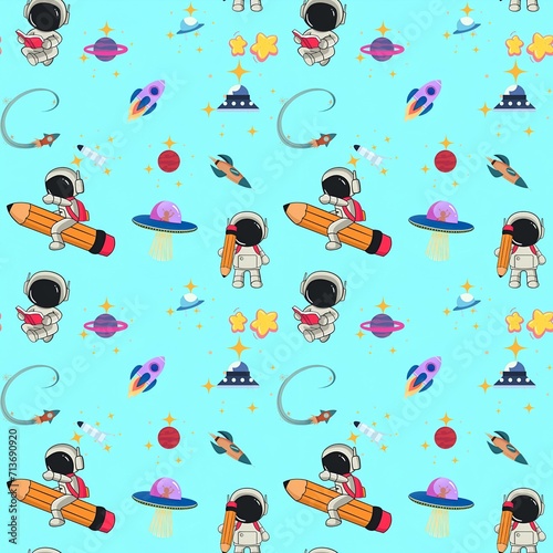 Seamless cartoon space travel pattern of cute astronauts. photo