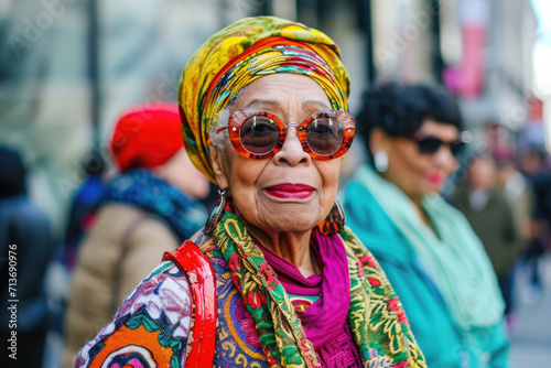 senior women on the street wearing colorful clothing and sunglasses