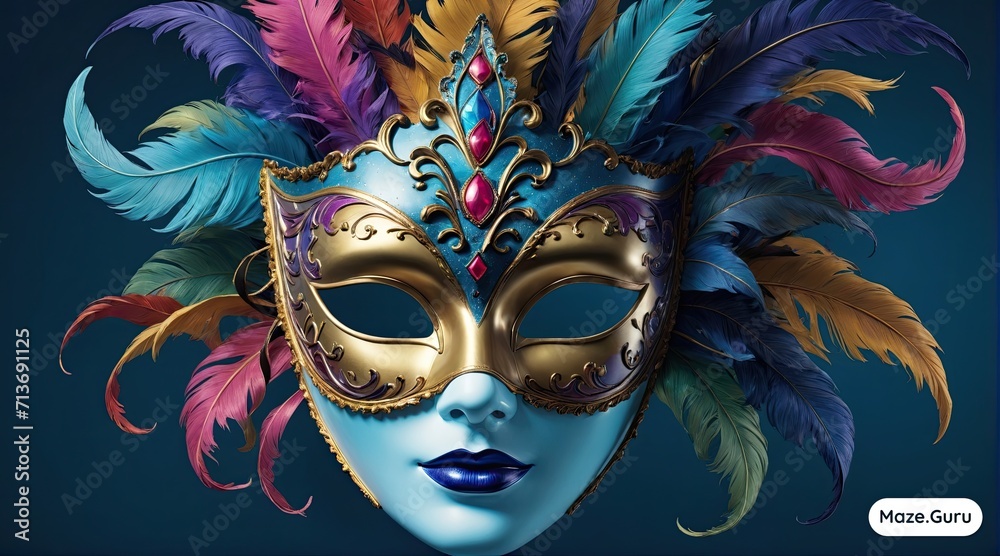 venetian carnival mask with feathers on blue background