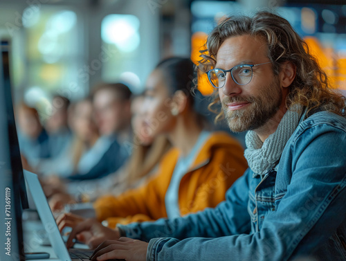 Knowledgeable Teacher Giving a Lecture About Software Engineering to a Group of Smart Diverse University Students. International Undergraduates Sitting Behind Desks with Computers