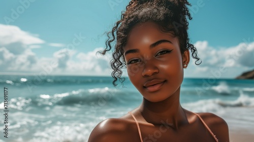 Happy african american dark skinned woman posing on the beach on a sunny day. Photo with copy space.