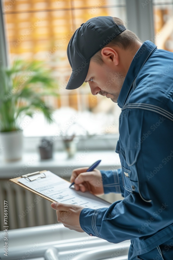 Obraz premium Plumber man, technician and clipboard document for home renovation and quality assurance notes. Handyman, plumbing service and checklist in house for building.