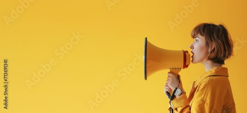 megaphone, announcement and woman voice isolated on yellow background, news or broadcast. Speech, opinion and gen z person in studio, mockup and call to action, protest or change. Place for text photo