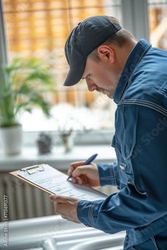 Plumber man, technician and clipboard document for home renovation and quality assurance notes. Handyman, plumbing service and checklist in house for building. © evgenia_lo