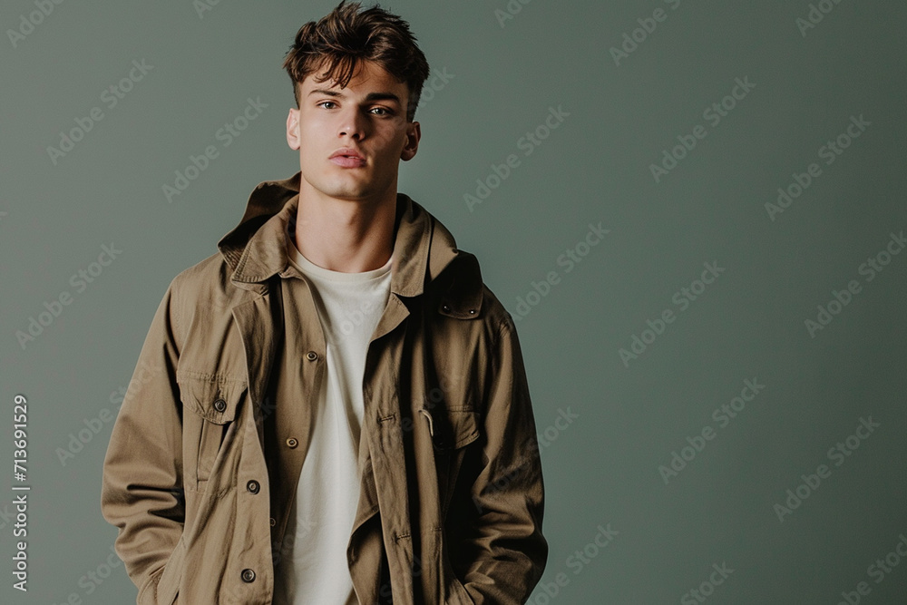 fashion young man giving pose studio colored background