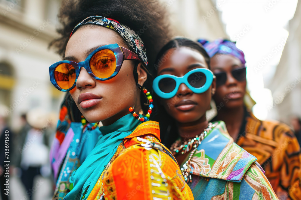 women on the street wearing colorful clothing and sunglasses