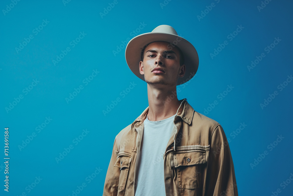 fashion young man giving pose studio colored background fashion young man giving pose studio colored background