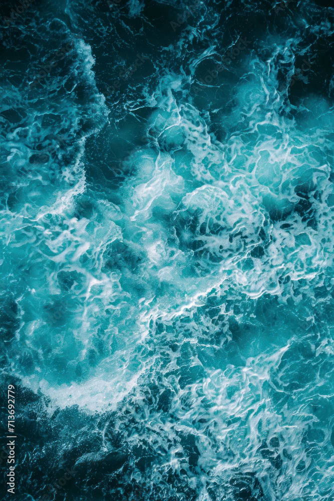 Vertical  aerial view from above of turquoise ocean water with splashes and foam for abstract natural background and texture.