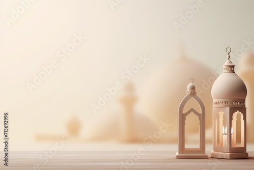 Islamic Lanterns and Mosque: Minimalist Greetings Background for Eid Mubarak & Ramadan Kareem
