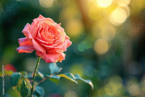A single  perfect rose in full bloom against a blurred background