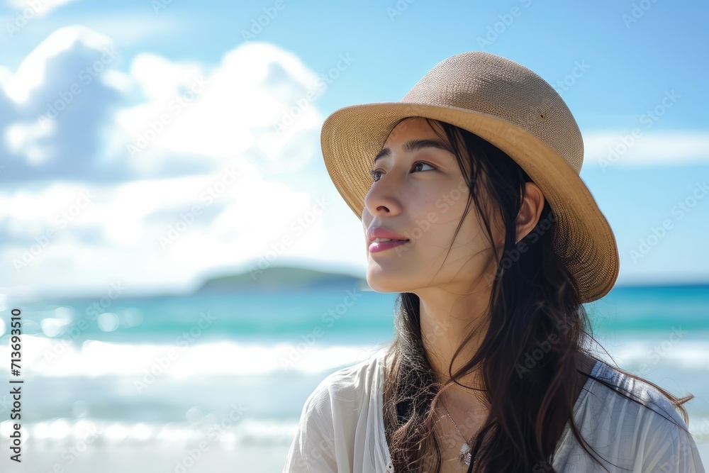 Asian woman in holiday bliss, beach leisure, ocean backdrop