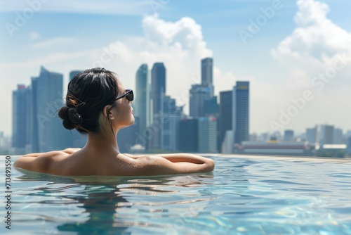 Asian woman relaxing at outdoor pool, city skyline in background