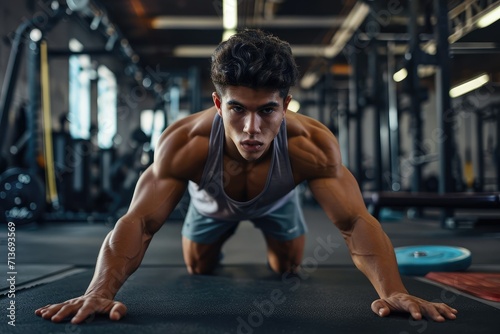 Athletic male model doing a workout in a gym setting