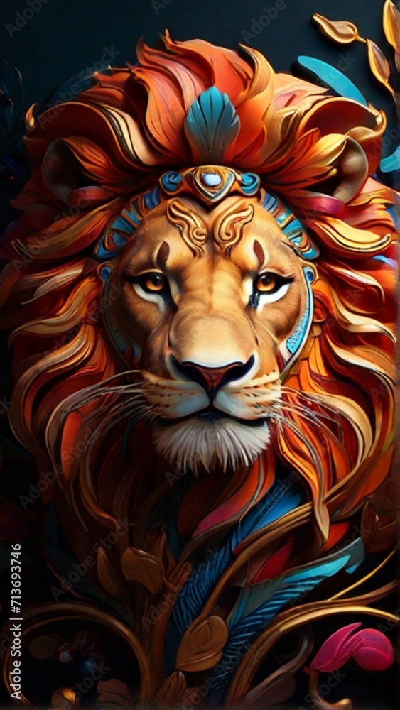 The lion's face illustration uses nouveau art, bright colors, luxurious and elegant.